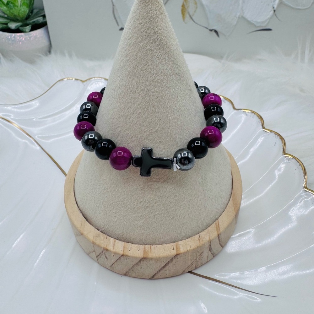 Purple/Pink & Black Beaded Cross Bracelet – Stretch Bracelet